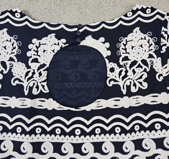 Trulli Navy Blue & white 3/4 Sleeve Fit Flare Stretch Dress Key hole size 6 - Picture 6 of 10